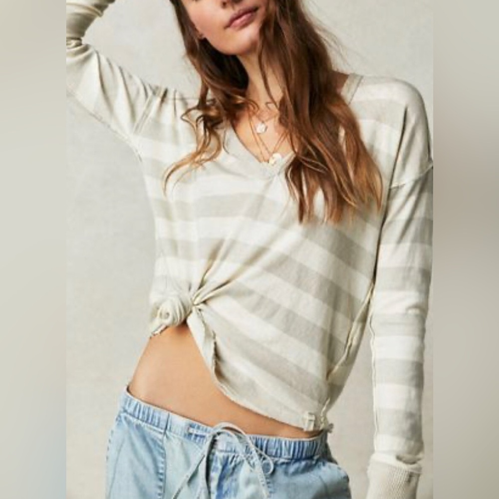 Free People Cream and White Striped Long Sleeve Tee
